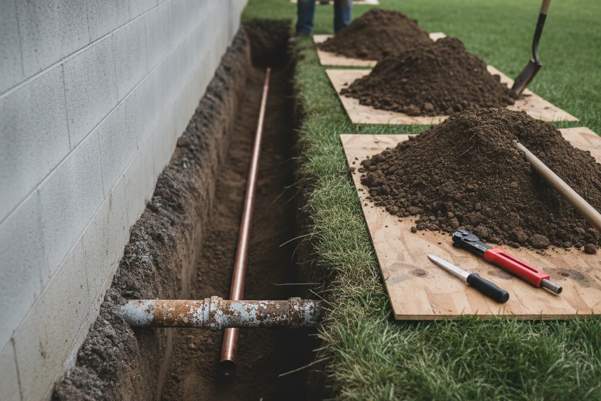 Excavated water line trench during Sewer Line Repair in Manasquan